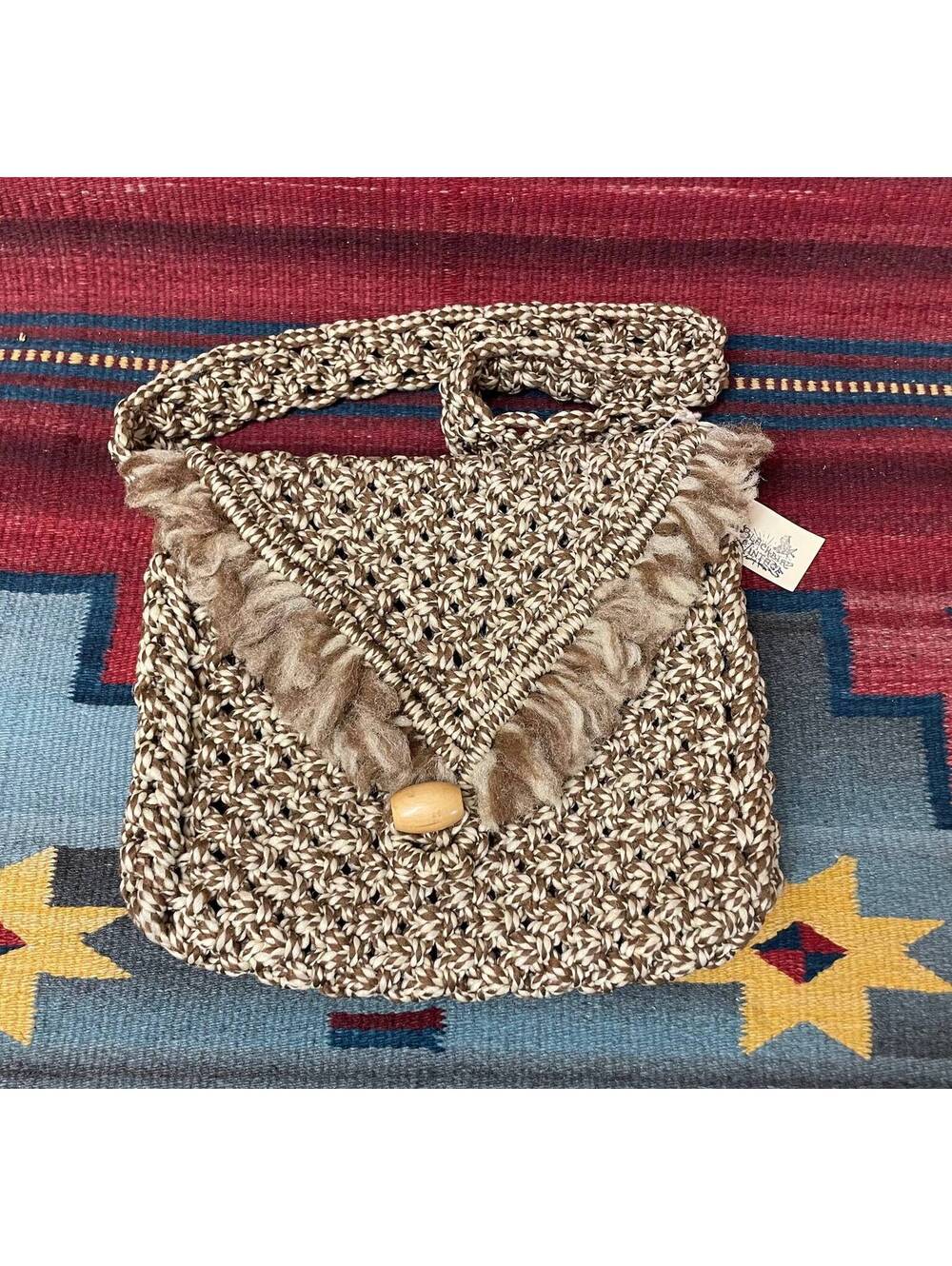 1970's Boho Vintage Crocheted Macrame Purse Handbag Shoulder Bag Wooden Button